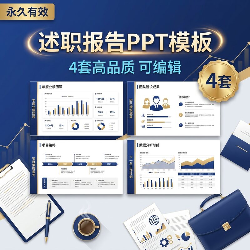 述职报告PPT模板 4套高品质 商务风可编辑 永久版 - 预览图 1