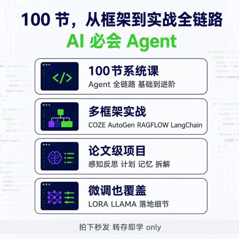 AI进阶路线|Agent系统课100节,框架实战微调全覆盖 - 预览图 1