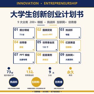 数据冲击：大学生创新创业计划书 · 9 大分类 200+ 模板 · 三大赛事全覆盖